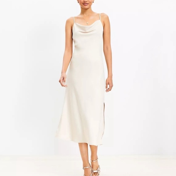 LOFT Dresses & Skirts - Loft NWT Small Champagne Beige Satin Silky Slip Midi Dress Draped Neck‎